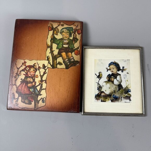 Vintage Hummel Style Art Set Wood Plaque & Framed Print German Children Illustra - Picture 1 of 9